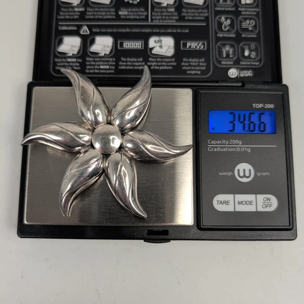 Vintage Mid-Century Heavy Sterling Silver Floral Statement Brooch